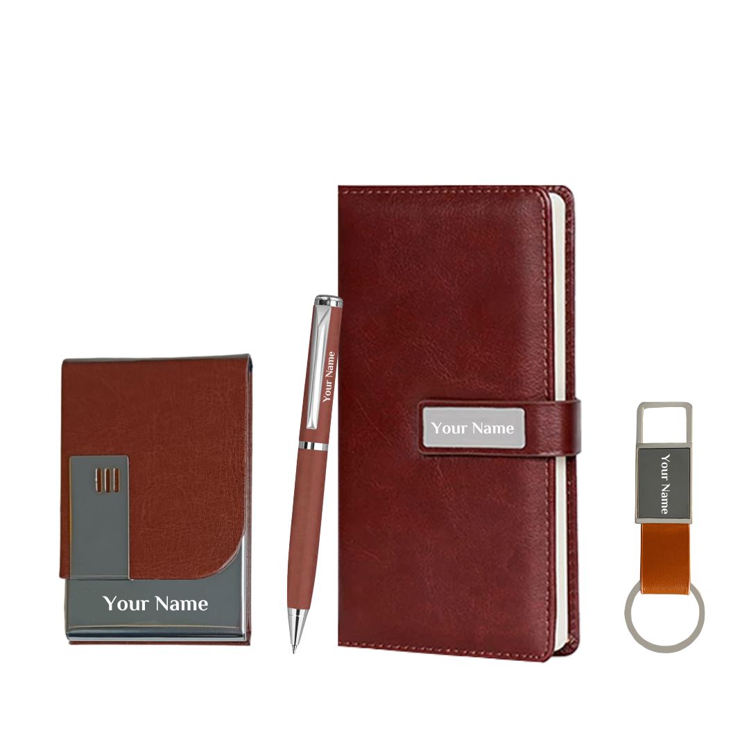 4 in 1 Customized Small Diary with Pen, Card Holder and Keychain Gift Set - Brown